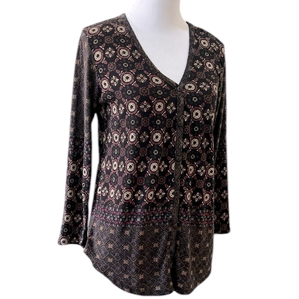 LUCKY BRAND THREE QUARTER SLEEVE BUTTON FRONT TOP BLACK RED SIZE SMALL